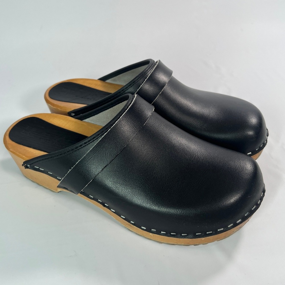 Women's Black Leather Clog Mules with Wood-Look Sole
